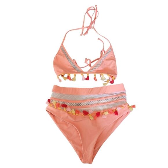 Tularosa Peach Mesh Panel Tassel High Waisted Bikini Set Size S/M - Picture 1 of 6